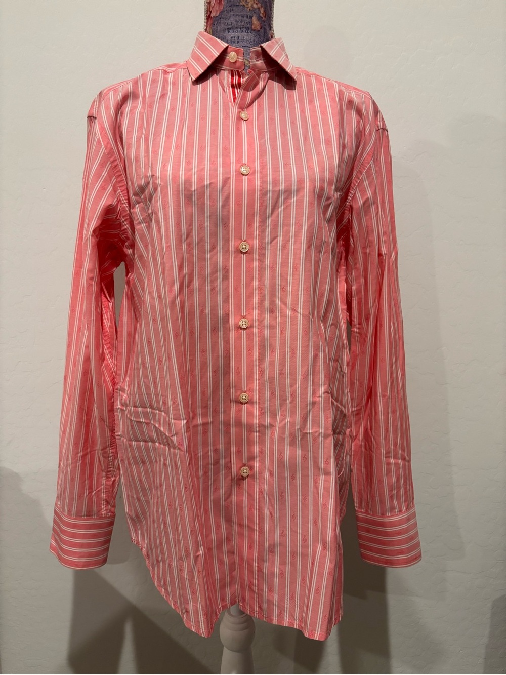 Robert Graham Music Note Printed Pink & White Striped Button-Down Shirt